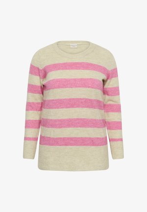 Dlhý pletený sveter s širokými striedajúcimi sa vodorovnými béžovými a ružovými pruhmi a okrúhlym výstrihom.