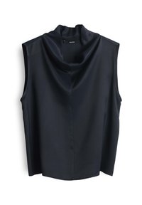 Top senza maniche in tessuto satin di un blu navy scuro con scollatura drappeggiata, caratterizzato da una linea diritta e una consistenza liscia. Nessun elemento hardware o accenti visibili.