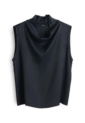 Sleeveless top in dark navy satin fabric with a draped cowl neckline, featuring a straight cut and smooth texture. No visible hardware or accents.