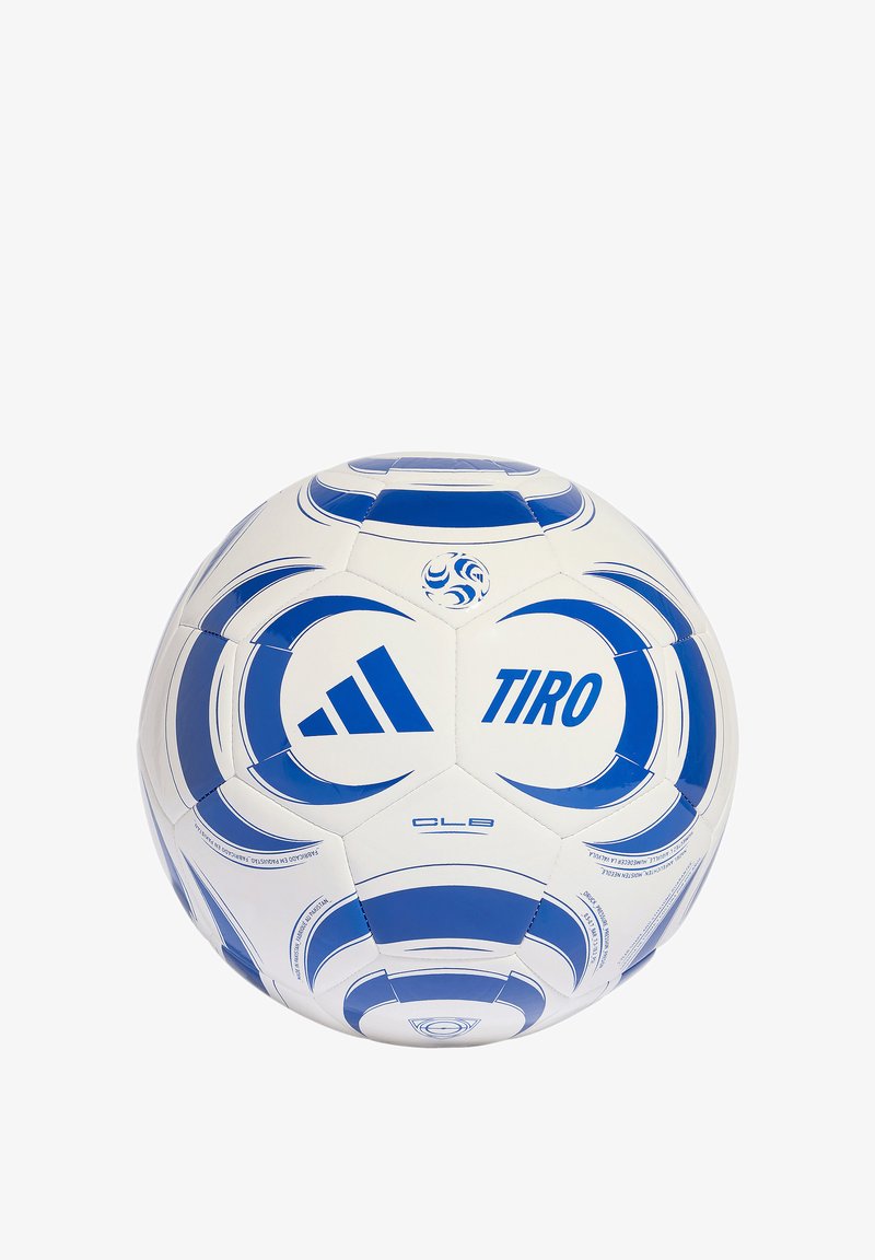 Ballon de football Adidas Tiro blanc et bleu avec des motifs géométriques et des logos centrés sur un fond blanc.