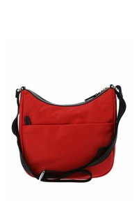 Sac à épaule en nylon rouge à texture lisse, de forme circulaire, avec une sangle noire réglable. Dispose d'une fermeture éclair sur le dessus et d'une poche frontale.