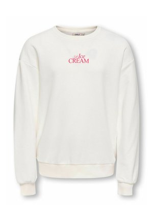 Fehér környakú pulóver hosszú ujjakkal, bordázott mandzsettákkal és szegéllyel, a mellkason rózsaszín "Soft Ice CREAM" felirattal.