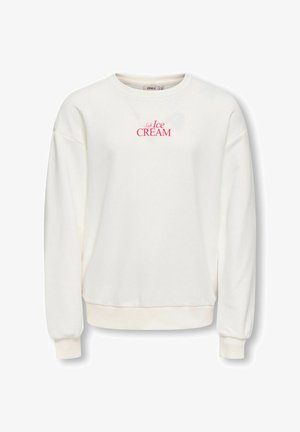 Balts sporta krekls ar apaļu kakla izgriezumu, garām piedurknēm, ribotām aprocēm un apakšmalu, uz krūtīm ir rozā teksts "Soft Ice CREAM".