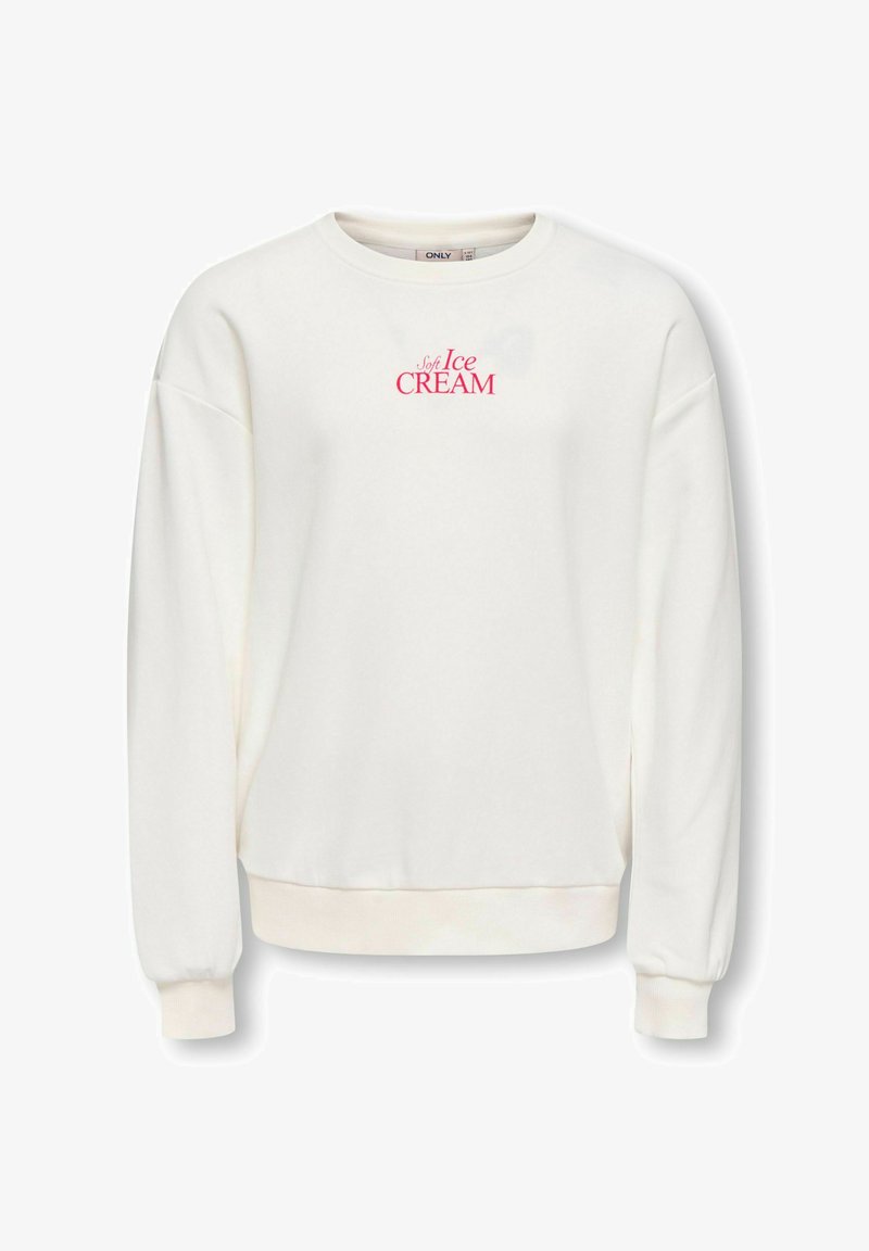 Hanorac alb cu guler rotund, mâneci lungi, manșete și tiv striate, având textul „Soft Ice CREAM” roz pe piept.