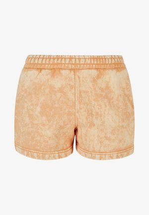 Peach tie-dye shorts with a soft, textured finish. Features an elastic waistband and smooth hems. Casual design with a relaxed fit.