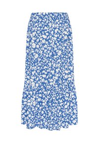 Fustă albastră cu un model floral alb, talie elastică și detalii cu volan.