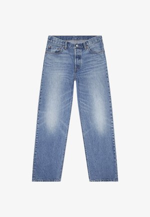 Gai zili denima džinsi ar taisno kāju griezumu, piecu kabatu dizainu un redzamu izbalēšanu uz augšstilbiem. Iespējami pogu aizdara un jostas cilpas.