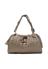 Lys grå quiltet håndtaske med snørelukning, gyldne hardware detaljer og sidefringes. Blødt lædermateriale og afrundet form.