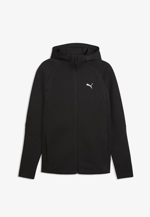 Schwarze Kapuzenjacke zum Reißverschließen mit langen Ärmeln, zwei seitlichen Reißverschlusstaschen und weißem Puma-Logo auf der linken Brust.