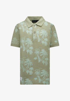 Groen poloshirt met korte mouwen, voorzien van een lichtblauw palmboompatroon. Heeft een kraag en een knoopsluiting met drie knopen. Zachte textuur.