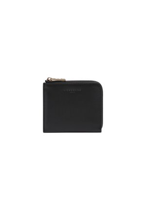 Schwarze Leder-Geldbörse mit einem Reißverschluss, ausgestattet mit einer glatten Oberfläche und geprägtem Markenlogo auf der Vorderseite, kompaktes rechteckiges Design.