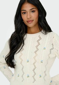 Pull en tricot crème avec des motifs en zigzag, broderies florales bleues et détails ajourés sur le tissu. Encolure ronde et manches longues.