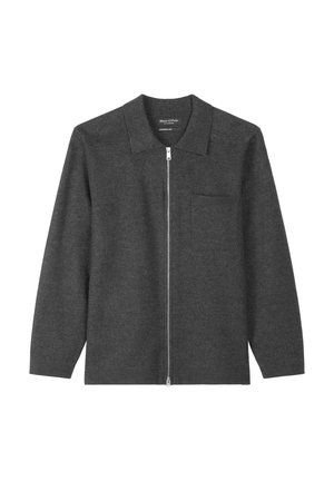 Dunkelgraue Zip-Jacke aus weichem Stoff, mit einem spitzen Kragen, langen Ärmeln und einer Brusttasche. Einfaches Design ohne Muster.