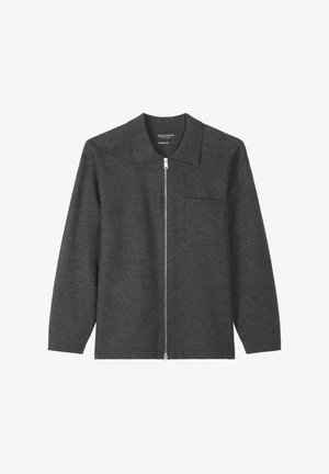Dark grey zip-up jacket made of soft fabric, featuring a pointed collar, long sleeves, and a chest pocket. Simple design with no patterns.