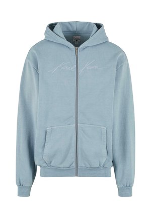 Svetlomodrá mikina na zips s predným vreckom, rebrovanými manžetami a lemovaním, s vyšitým logom "Karl Kani" na hrudi.