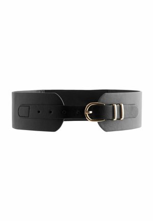 Large ceinture noire en cuir avec une boucle en métal doré et deux passants, présentée sur un fond blanc.
