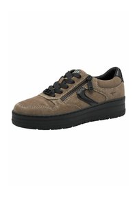 Tenisi din suede maro cu accente negre, fermoar texturat pe lateral și talpă din cauciuc negru. Prezintă cusături contrastante și design cu șireturi.
