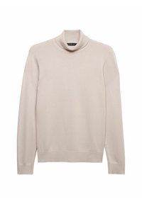 Maglione a collo alto di colore beige chiaro, realizzato in morbido tessuto a maglia. Presenta maniche lunghe e polsini e orlo a costine. Texture liscia con design minimal.