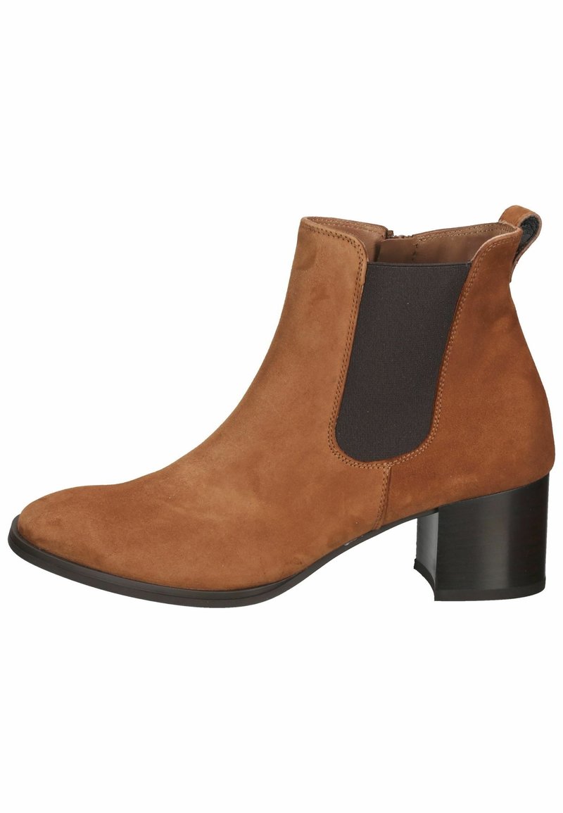 Ruske nubuk ankle boot s zaobljenim vrhom, elastičnim bočnim panelima i crnim blok petom. Ima glatku površinu i minimalne detalje šivanja.