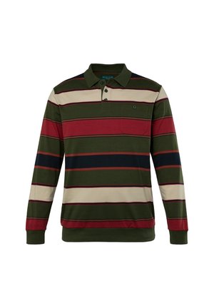 Pitkähihainen polo paita, jossa on vihreät, punaiset, kermanväriset ja tummansiniset vaakaraidat. Siinä on kauluksellinen kaula ja rintatasku. Pehmeää puuvillakankaan materiaalia.