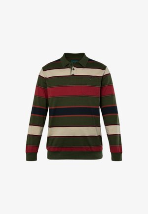 Koszula polo z długimi rękawami w poziome paski w kolorach zielonym, czerwonym, kremowym i granatowym. Posiada kołnierzyk i kieszonkę na piersi. Wykonana z miękkiej bawełny.