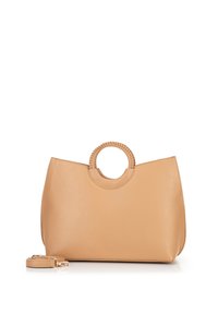 Sac à main en cuir beige avec une poignée supérieure arrondie, présentant un détail tressé. Comprend une bandoulière amovible et une texture lisse.