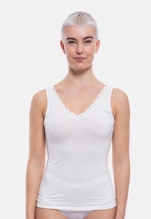 White tank top made of soft fabric, featuring a V-neck with lace trim, thin shoulder straps, and a fitted design.