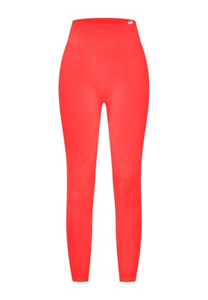 Leggings de cintura alta en un rojo brillante sólido, fabricados con tejido elástico. Presentan una textura suave y un ajuste ceñido en las piernas.