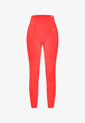 Leggings a vita alta in un brillante rosso uniforme, realizzati in tessuto elasticizzato. Caratterizzati da una texture liscia e una vestibilità aderente su tutta la gamba.