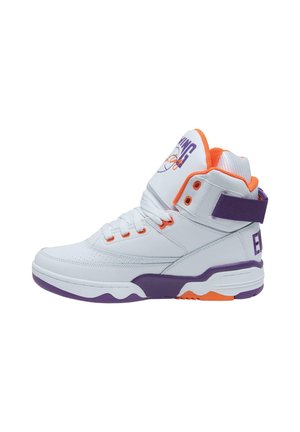 High-top sneakers in white leather with orange and purple accents. Features textured panels, padded collar, and lace-up front.