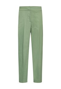 Lichtgroene broeken met een rechte snit, voorzien van een platte voorkant en een gladde textuur, geschikt voor casual of semi-formele kleding.