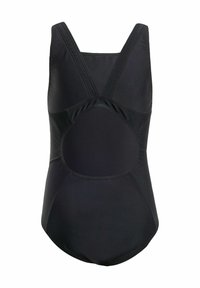 Čierny jednodielny plavky s hlbokým zadným výstrihom, širokými ramienkami a hladkým povrchom. Žiadne vzory ani akcenty nie sú viditeľné. Navrhnuté na plávanie.