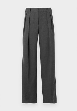 Gray tailored trousers featuring a wide-leg design, pleated front, and a textured fabric, with a clean finish and no visible hardware.