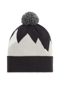 Beanie lavorato a maglia con un motivo di picco montano in bianco e nero, pompon grigio in cima e risvolto nero. Tessuto morbido.