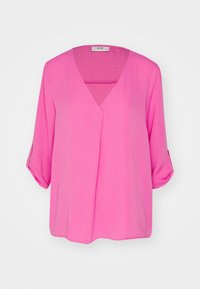 Rosa, leichte Bluse mit V-Ausschnitt, drei Viertel-Ärmeln und umgeschlagenen Manschetten. Aus strukturiertem Stoff gefertigt, mit lockerer Passform und ohne Verschlüsse.