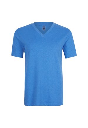 Blauwe v-hals t-shirt van zachte stof, met korte mouwen en een gladde textuur. Bevat een label met verzorgingsinstructies aan de binnenkant van de kraag.