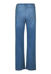 Weite Jeans aus Denim in Mittelblau, mit glatter Textur, ausgestattet mit zwei Gesäßtaschen und einem dekorativen Kettendetail am Bund.