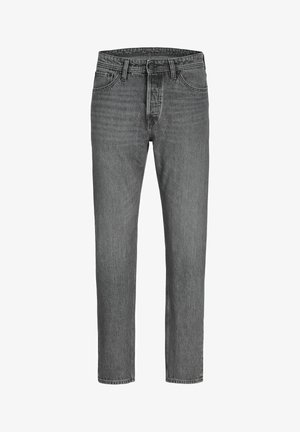 Pelēki denimi džinsi ar taisnu piegriezumu, piecu kabatu dizainu un metāla pogu aizdari. Labi valkāta tekstūra un smalka izbalēšana visā virsmā.