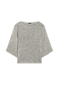 Gray and white marled knit sweater with wide three-quarter sleeves and a round neckline, laid flat on a white background.