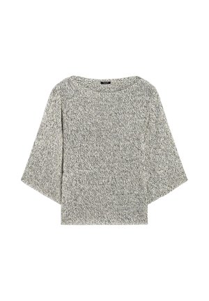 Grau-weiß melierter Strickpullover mit weiten Dreiviertelärmeln und rundem Ausschnitt, flach auf einem weißen Hintergrund ausgelegt.