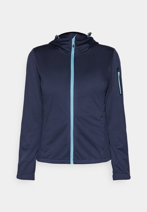 Tmavě modrá softshell bunda s modrým zipem, nastavitelnou kapucí a zipovou kapsou na levém rukávu. Lehká a texturovaná tkanina.