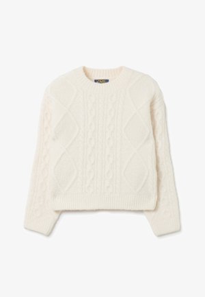 Witte kabelgebreide trui met een ronde halslijn, gestructureerde patronen en geribbelde manchetten. Gemaakt van zacht, warm materiaal met een cropped pasvorm.