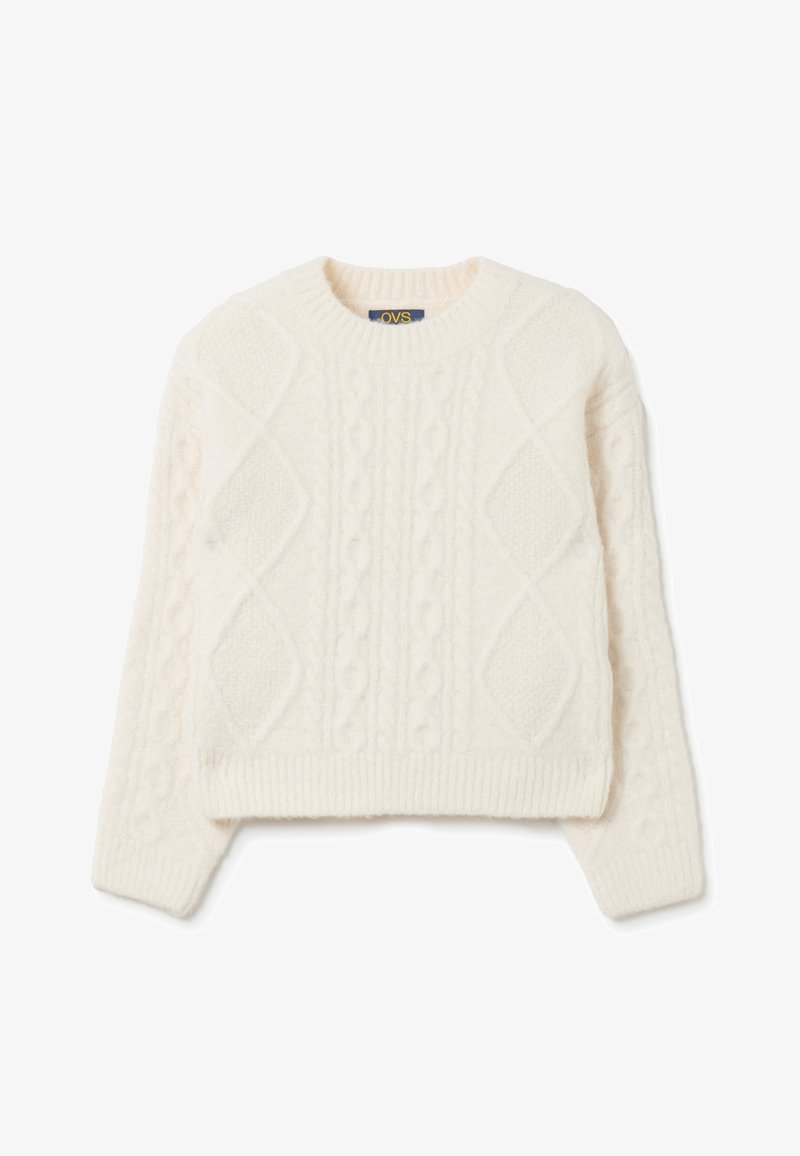 Weißer Zopfmuster-Pullover mit Rundhalsausschnitt, strukturierten Mustern und gerippten Bündchen. Hergestellt aus weichem, warmem Material mit verkürztem Schnitt.