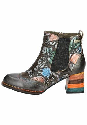 Leather ankle boot with a floral print in various colors. Features elastic side panels and a striped block heel in multiple hues.