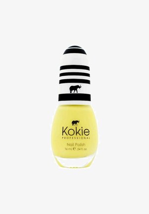 Keltainen Kokie Professional -kynsilakkapullo, jossa mustavalkoraidallinen korkki ja pieni musta norsulogo.