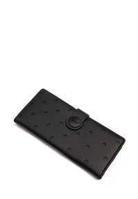 Black leather wallet with embossed polka dots, a circular button clasp, and a sleek rectangular design. Smooth texture, minimalistic finish.