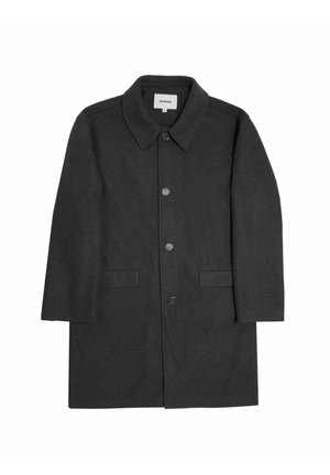 Dark gray wool coat with a collar, front button closure, and two side pockets. Straight cut design, knee-length, with a smooth texture.