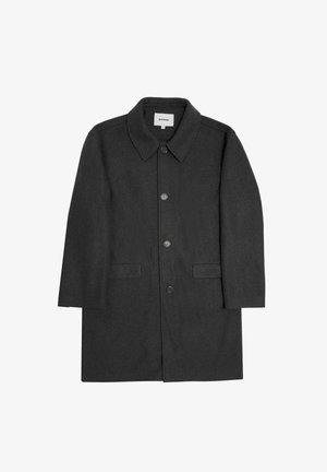 Dark gray wool coat with a collar, front button closure, and two side pockets. Straight cut design, knee-length, with a smooth texture.