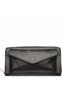 Bruine leren portefeuille met een ritsluiting, voorzien van een voorste kle pocket en een subtiele logodetail. Soepele textuur en een strakke design.