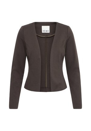 Tumepruun, naiste pikkade varrukatega avatud esiküljega bleiser, millel on vöökohalt lõikega istuvus ja krae sees väike brändi silt.